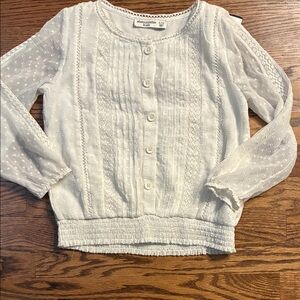 Abercrombie kids  9/10 pointelle White Sheer lace Button-Up Blouse smocked hem